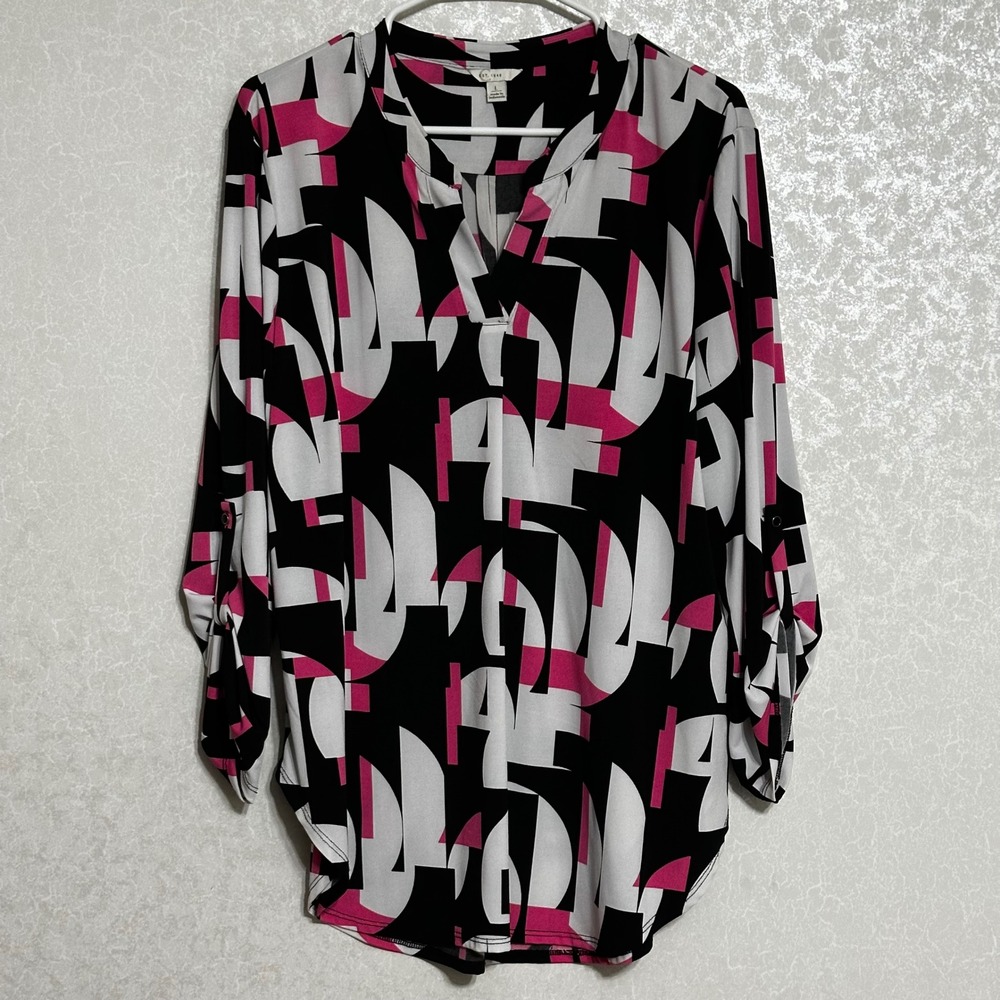 Cato Black Pink White Abstract Geometric Print Roll Tab Sleeve Tunic Top Sz L